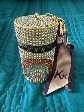 Crystal Rhinestone Cylinder Keychain Pouch with Gold Hardware